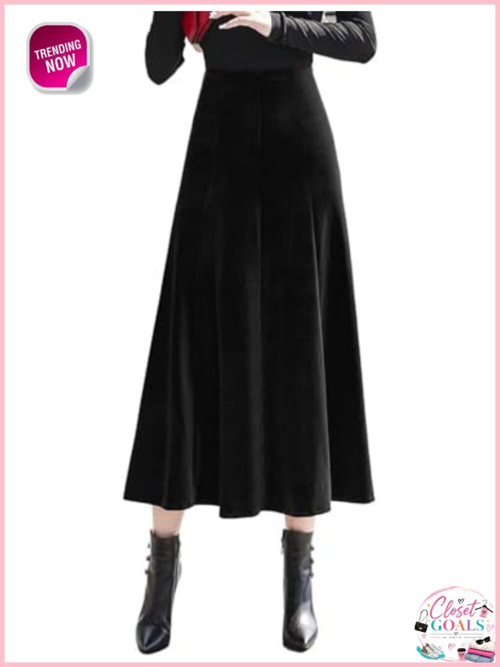 ebossy High Waist Pleated Velvet A-Line Midi Skirt with Pockets